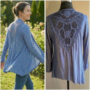 Design History Pale Blue Cardigan Large Lace Back Open Front Waterfall Boho Knit
